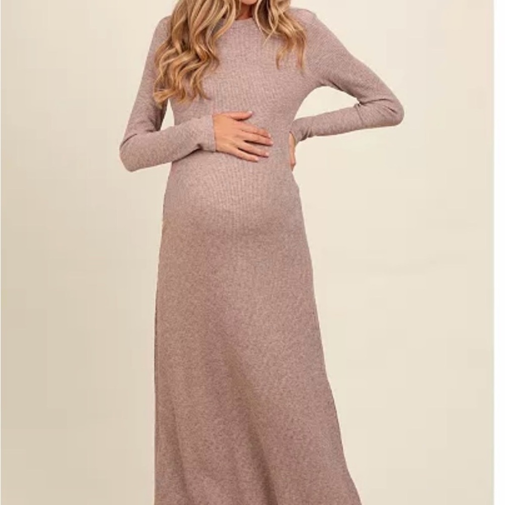 Mocha Ribbed Knit Side Slit Maternity Midi Dress
